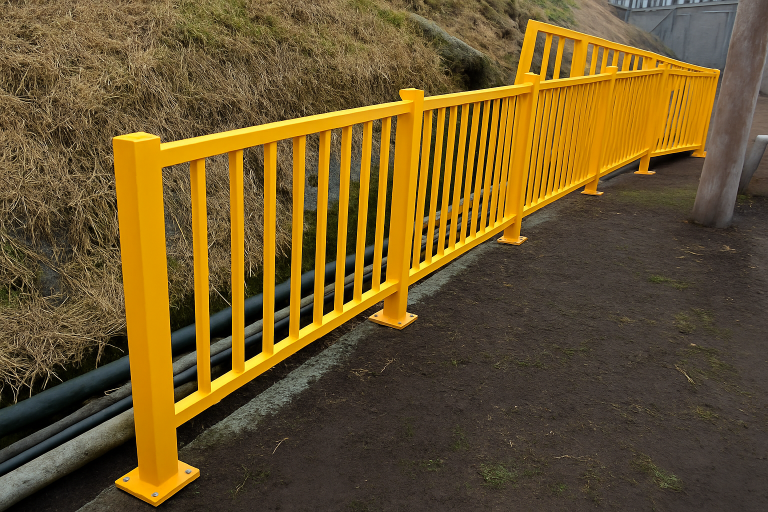 Barandas de seguridad industrial en polipropileno color amarillo instaladas junto a un camino ecológico, resistentes a la intemperie y sin mantenimiento.