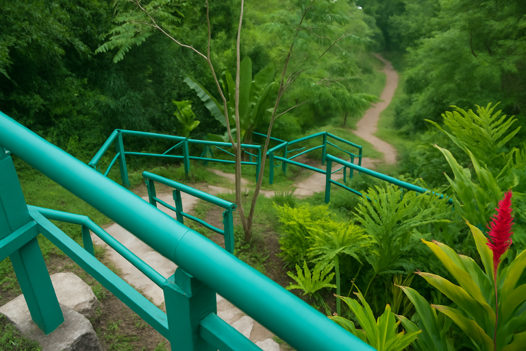 Escalera al aire libre con barandas verdes de polipropileno que serpentea entre vegetación tropical y senderos ecológicos en un entorno natural.