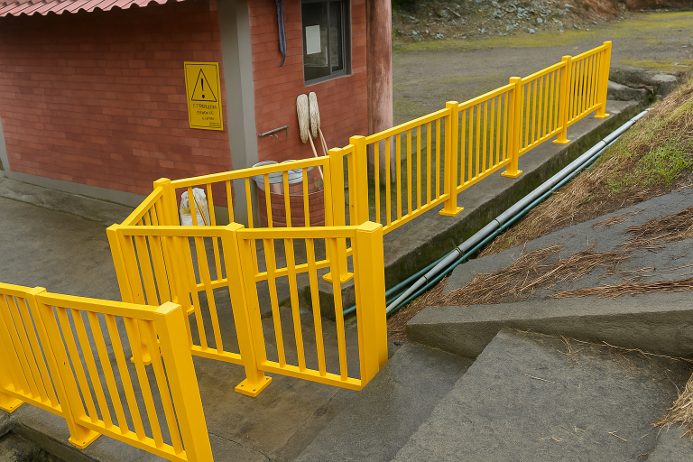 Barandas amarillas de polipropileno Maderplast instaladas en una rampa peatonal junto a un edificio de ladrillo, delimitando un área con canalizaciones técnicas.