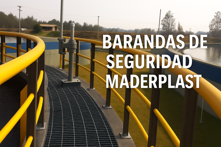 Pasarela elevada con barandas amarillas de seguridad Maderplast en una planta de tratamiento de aguas, con estructura metálica y entorno industrial.