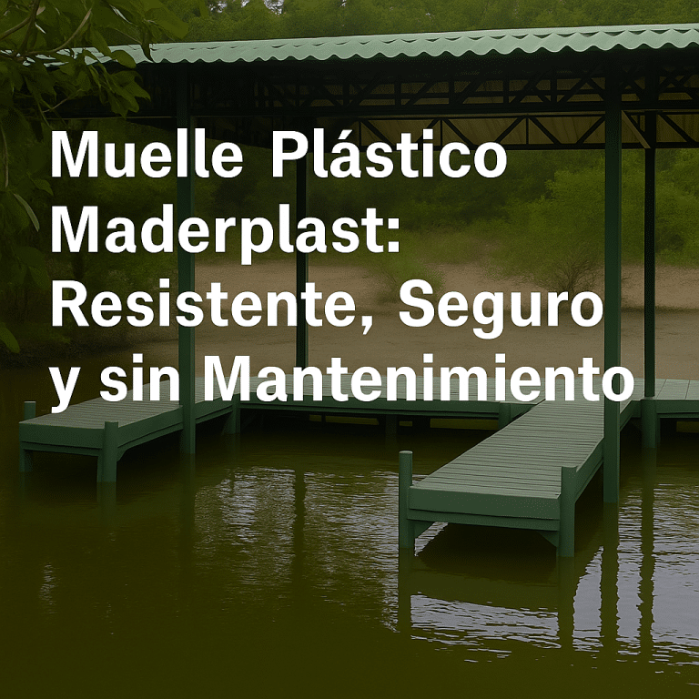Muelle plástico flotante de Maderplast con estructura resistente y techada, sobre aguas tranquilas y rodeado de vegetación.