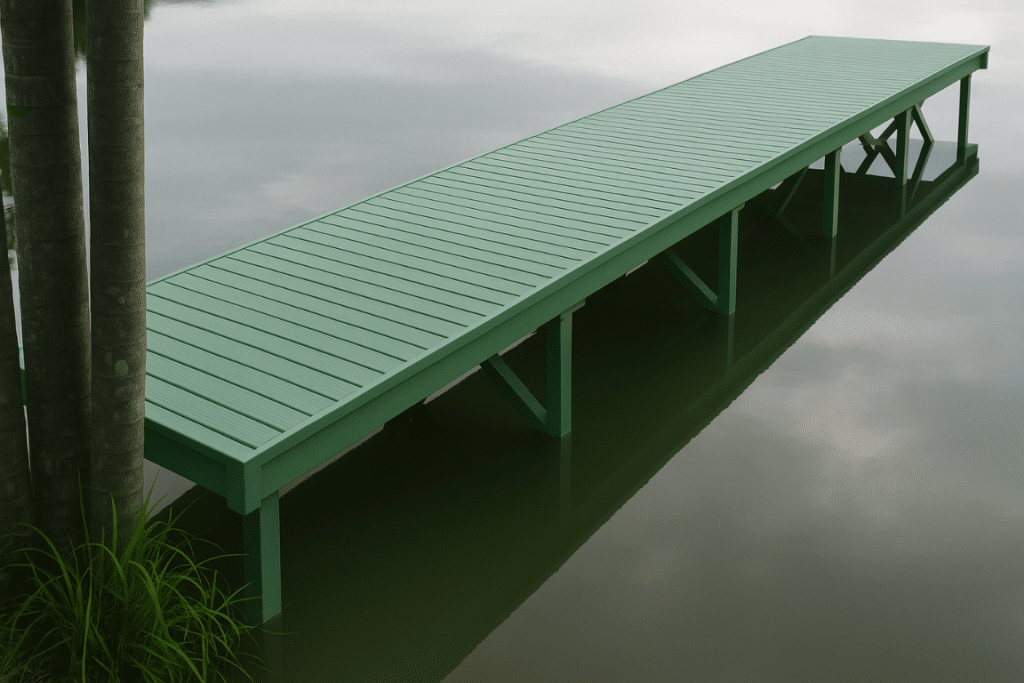 Muelle plástico verde conectado a la orilla de arena, junto a árboles, sobre aguas tranquilas con reflejo natural del cielo.