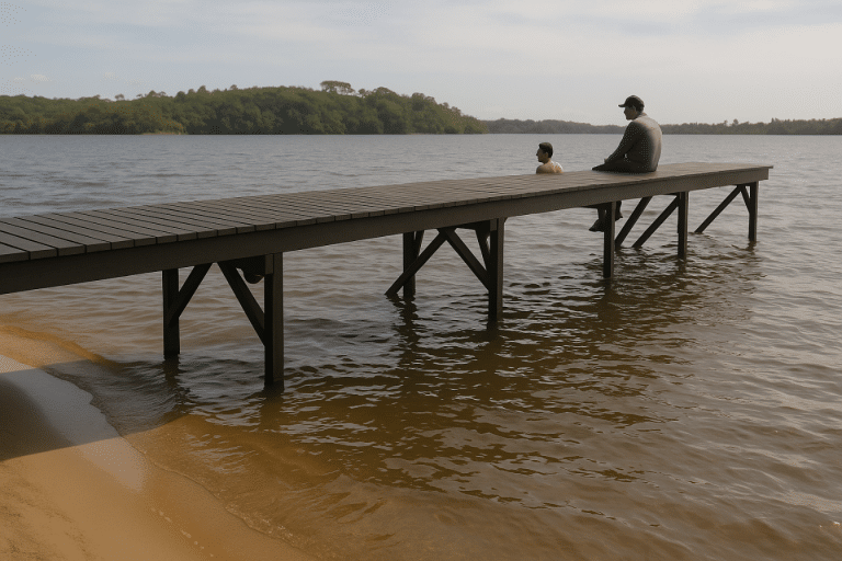 Hombre sentado al final de un muelle plástico verde de Maderplast, extendido sobre un lago tranquilo y conectado a la orilla de arena.
