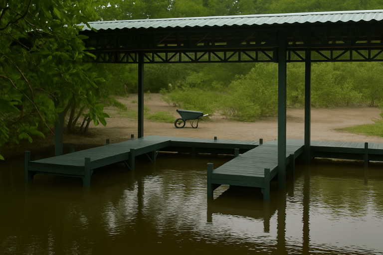 Muelle plástico modular color verde con techo metálico, instalado sobre un cuerpo de agua tranquilo, rodeado de vegetación y con una carretilla en tierra firme al fondo.