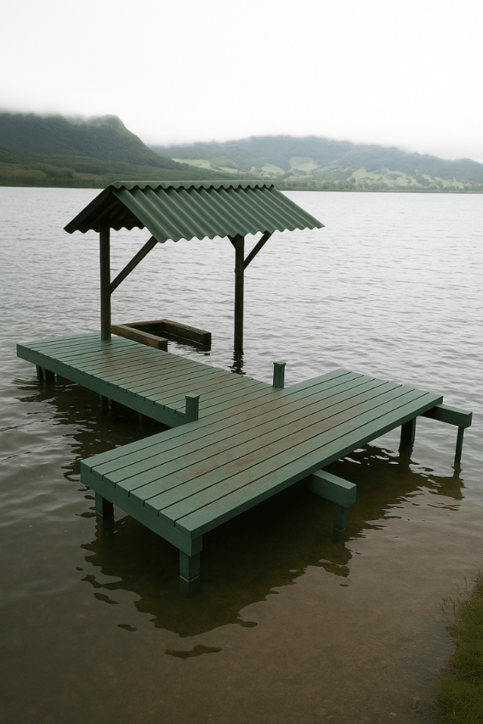 Muelle flotante de polipropileno con cubierta inclinada sobre un lago rodeado de montañas y vegetación.