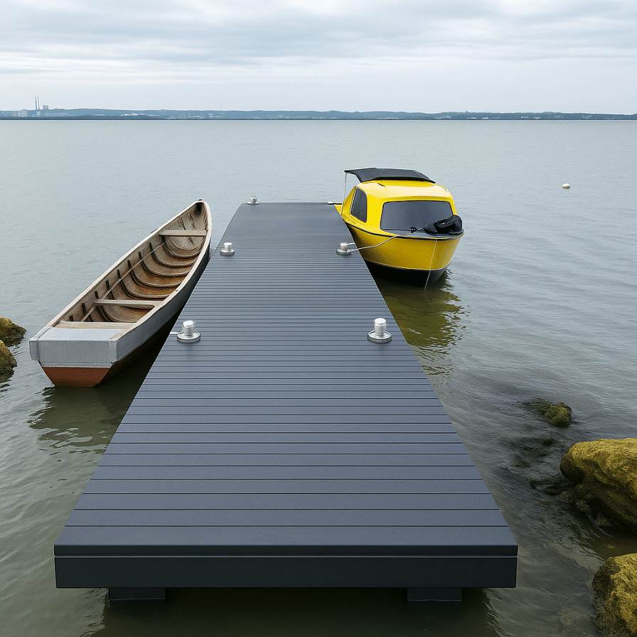 Muelle flotante de polipropileno gris con dos embarcaciones amarradas a sus costados, en una costa marina bajo un cielo nublado.