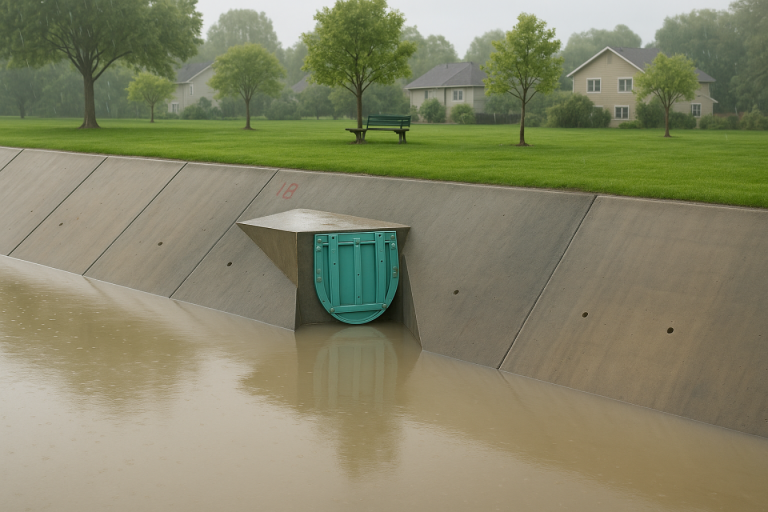 Válvula antirretorno plástica tipo chapaleta instalada en un canal de drenaje pluvial, durante un día lluvioso, con un entorno limpio y verde de fondo, ideal para evitar el reflujo de agua en sistemas urbanos.
