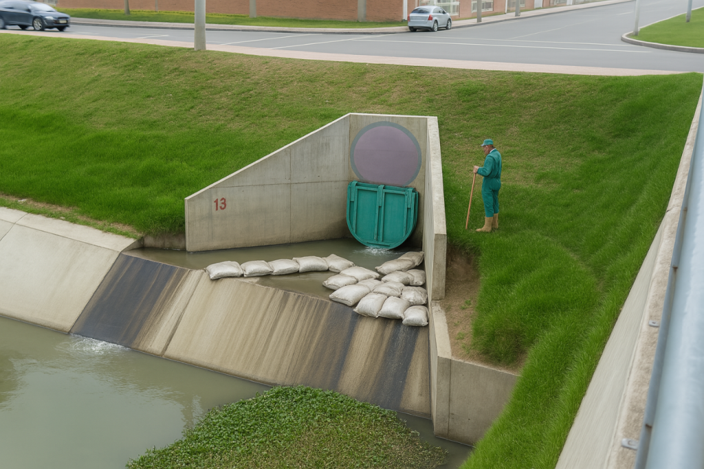 Válvula antirretorno plástica tipo chapaleta instalada en un canal de drenaje urbano, con sacos de contención y un operario supervisando el flujo de agua en un entorno limpio y bien mantenido.