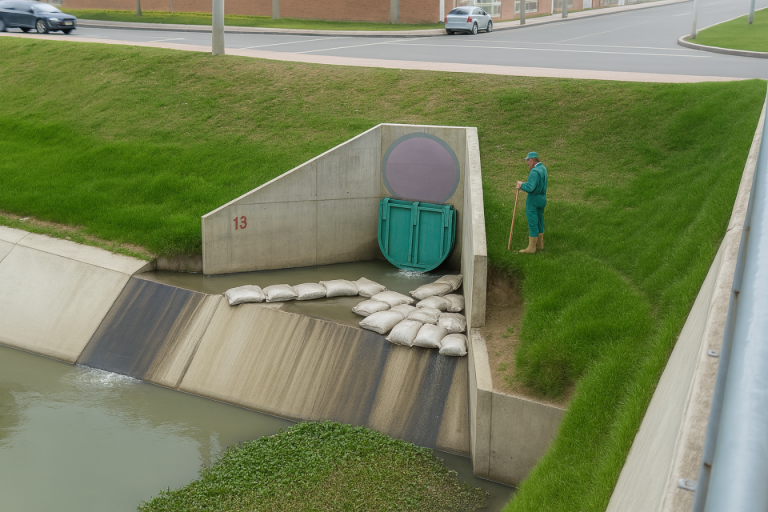 Válvula antirretorno plástica tipo chapaleta instalada en un canal de drenaje urbano, con sacos de contención y un operario supervisando el flujo de agua en un entorno limpio y bien mantenido.