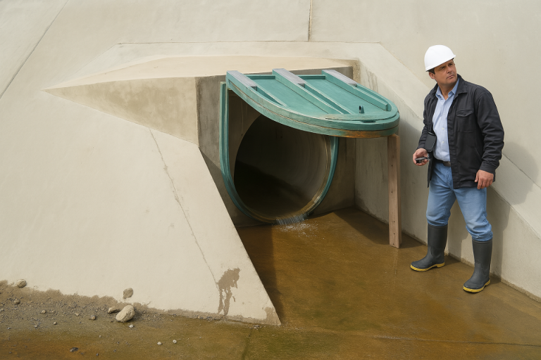 Inspección técnica de una válvula antirretorno tipo chapaleta instalada en un canal de concreto, con un ingeniero en campo revisando su funcionamiento en una estructura hidráulica limpia.