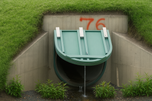 Válvula antirretorno tipo chapaleta en polipropileno instalada en salida de canal pluvial, rodeada de césped y vegetación, con leve flujo de agua saliendo del tubo de concreto.