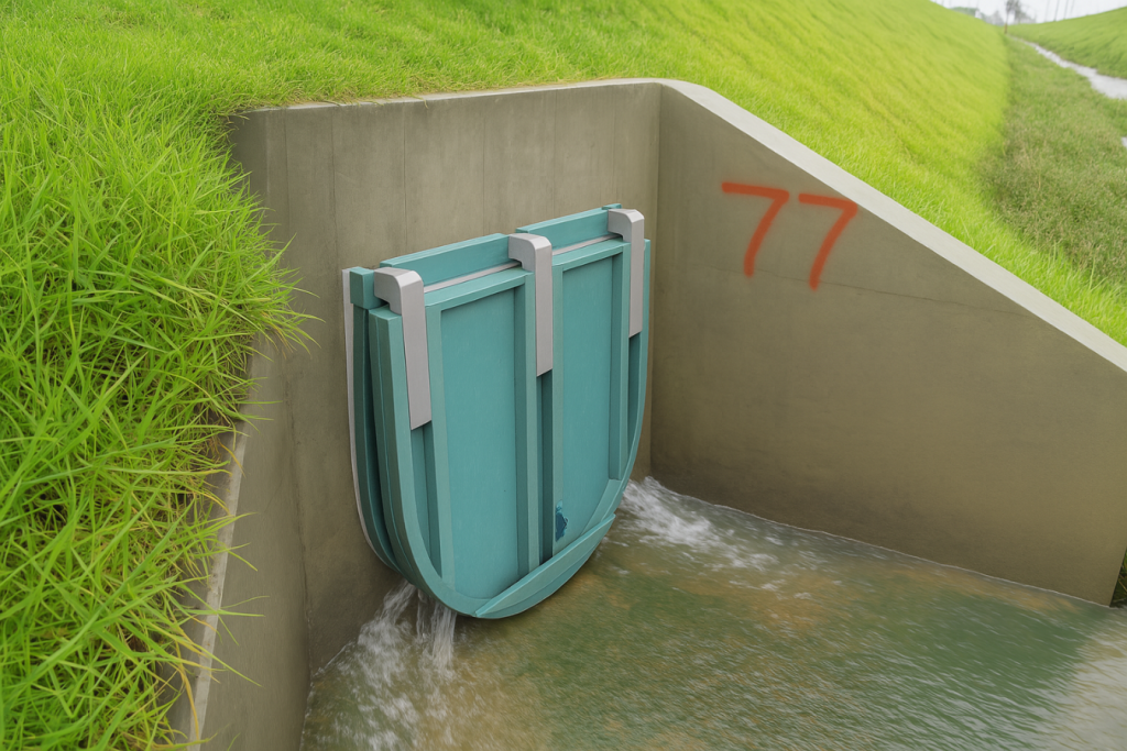 Válvula antirretorno plástica tipo chapaleta instalada en canal pluvial de concreto, operando bajo flujo de agua en pendiente con vegetación, y marcada con el número 77 en la pared.