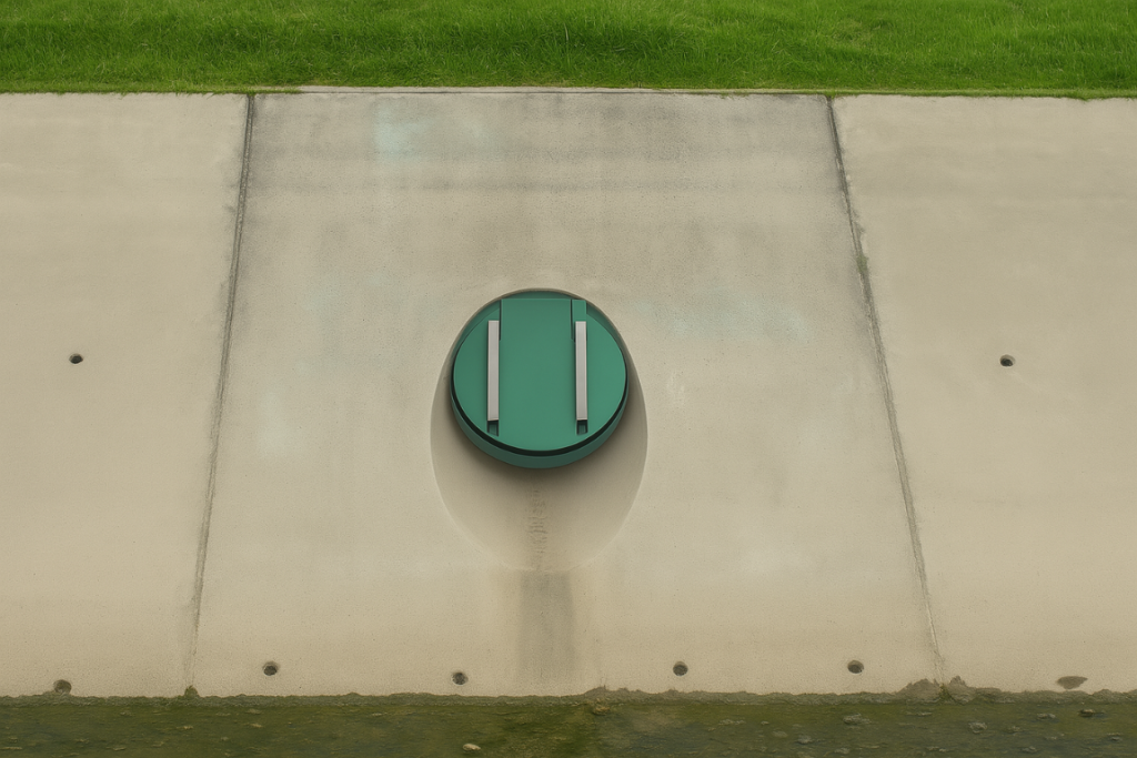 Válvula antirretorno tipo chapaleta en polipropileno instalada en una salida redonda de canal de concreto, con césped verde al fondo y superficie limpia.