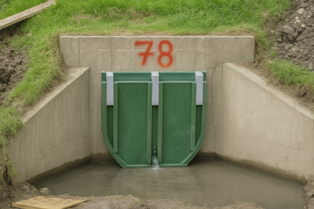 Válvula antirretorno tipo chapaleta en polipropileno color verde instalada en estructura de concreto con canal de agua estancada y el número 78 marcado en la pared.